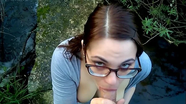 Public blowjob on a walk in the woods