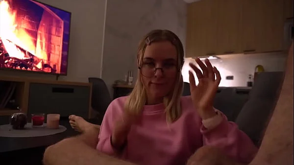 Cute teen nerd sucking dick deep and takes cumshot on face