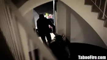 Blonde teen gangbanged in all holes by masked thugs