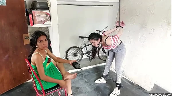 Bitchy Step-Sister Ball Gagged In Lesbian Strappado Bondage