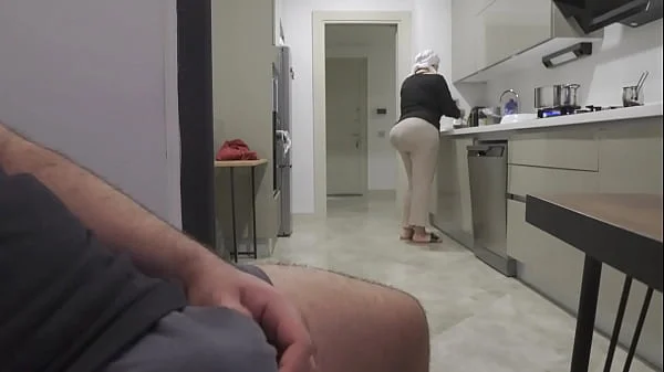 Risky jerk off while watching big ass stepmom in the kitchen.
