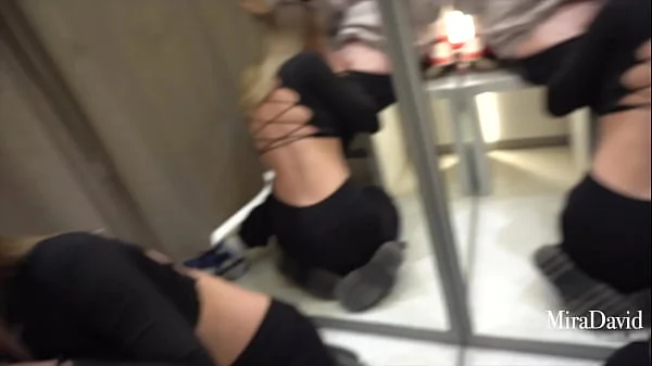 Babe gets public risky blowjob in fitting room - Close to be caught