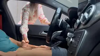 A girl catches me by surprise jerking off in the car in public and helps me finish cumming