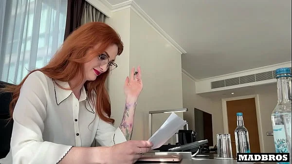 Redhead British milf boss gets anal pounded by 2 blacks in her office after their job interview !!!