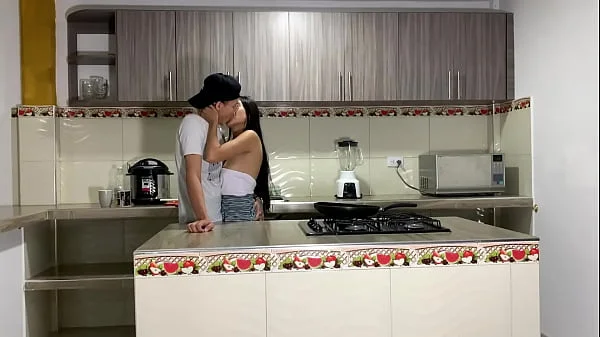 Passionate sex in the kitchen and a lot of cum at the end