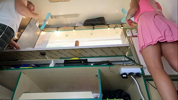 Hot blond girl with natural big boobs serving guests with no panties on!