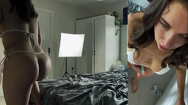 Bikini stepdaughter with perfect ass jerks him off onto her big tits