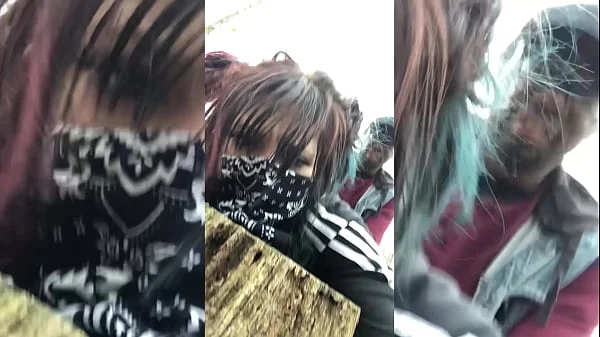 Emo slut gets fucked on tree stump in public