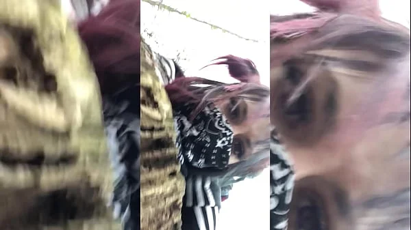 Emo slut gets fucked on tree stump in public