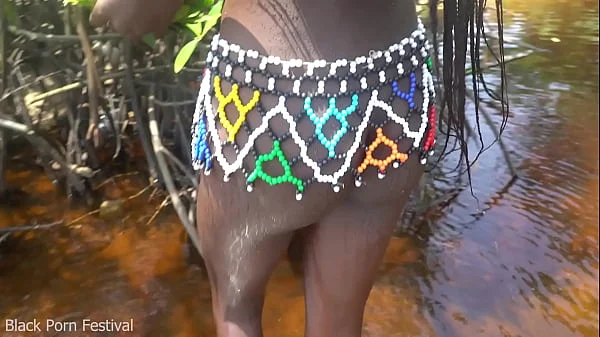 Skinny zulu hottie with perfect tits getting fucked while bathing in the river