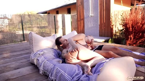 Barely holding back their moans, young horny couple fucks in the backyard