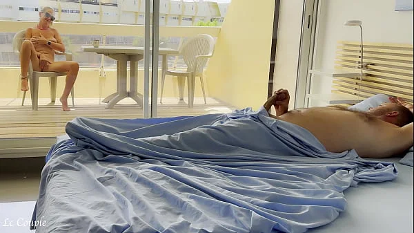 Naked wife was already watching nudists on street when husband woke in the morning