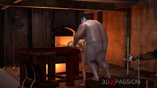 Fat maniac fucks a beautiful blonde in the basement