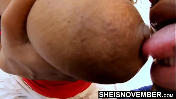 HD Biggest Sucking Tits Suckle Fetish Closeup, Huge Dark Brown Chesty Rack While Licking Enormous Round Areolas On Cute Young Black Busty Girl Msnovember Sitting On Bed With Top Pulled Up, Hooters Squeezed by Sheisnovember