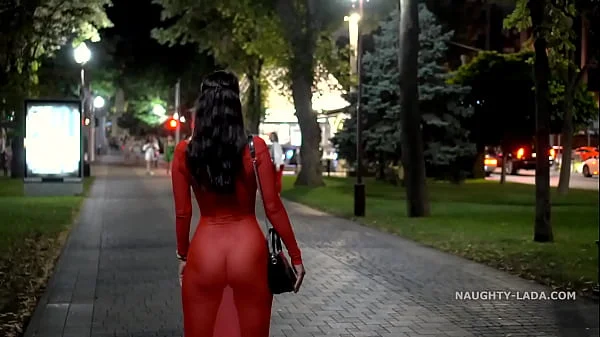 Red transparent dress in public