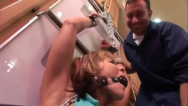 Pervert Johnny ties his m. to the kitchen and her in front of his cock