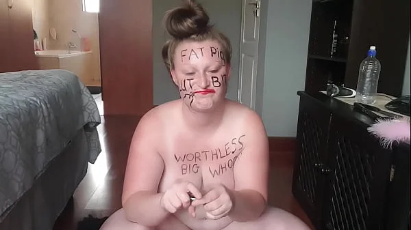 Big fat worthless pig degrading herself | body writing |hair pulling | self slapping