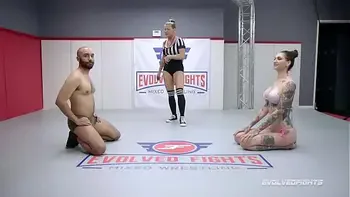 Naked wrestling man against women as Rocky Emerson battles Oliver Davis and is fucked hard