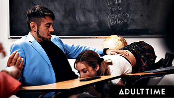 ADULT TIME - Bored Petite Aiden Ashley Sucks Classmate Under Desk, Gets Fucked After Class