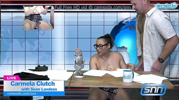 Big Boobs MILF sucks and fucks during live news feed