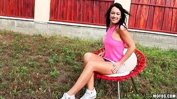 Outdoor solo pleasure and fingering with a long-legged brunette Olivia Hot