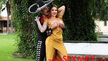 Hard outdoor doggy style fuck with a busty inked Sara Blonde