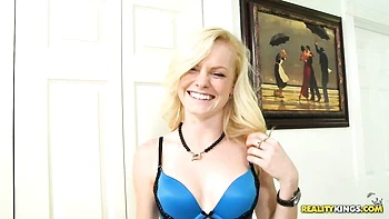 An awesome blonde babe Brie Turner gets impaled in the cowgirl pose