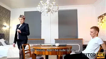 TUTOR4K. Guy steals tutors glasses and with ease seduces mature woman