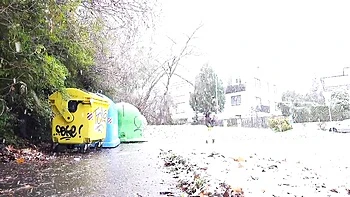 Gorgeous angel in a leather jacket Mini Mitzi X is pissing outdoors