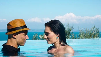 Brunette bombshells Christian and Leanne fuck hard in poolside orgy