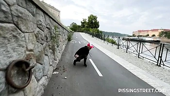 Outdoor pissing solo with a smiling hot blonde Claudia Macc