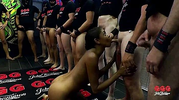 Playful sugar baby swallows loads in college blowbang