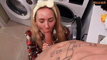 Juicy Blonde Neighbor Rough Doggy & Cowgirl BJ in Laundry Room