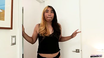 Cute trans girl masturbates in lingerie with big ass