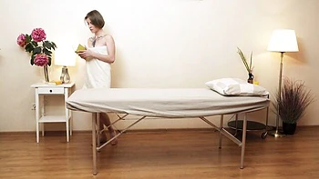 Flirty Aziza's tiny tits massage and first orgasm
