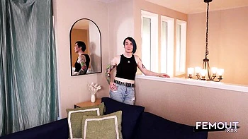 Tattooed Tgirl Solo Masturbation with Pink Nipples