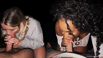 Two couples fuck outside: interracial foursome blowjob